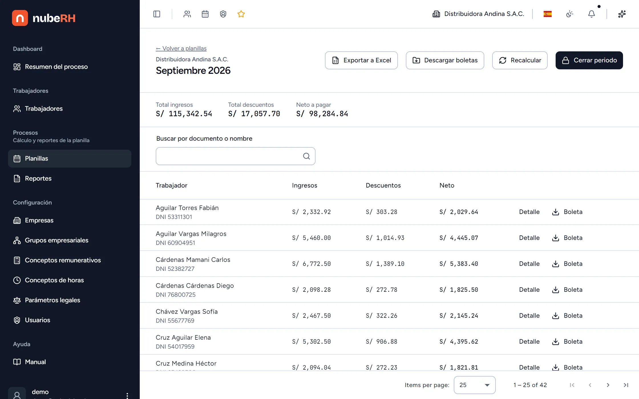 Planilla calculada en NubeRH: ingresos, descuentos y neto por trabajador.